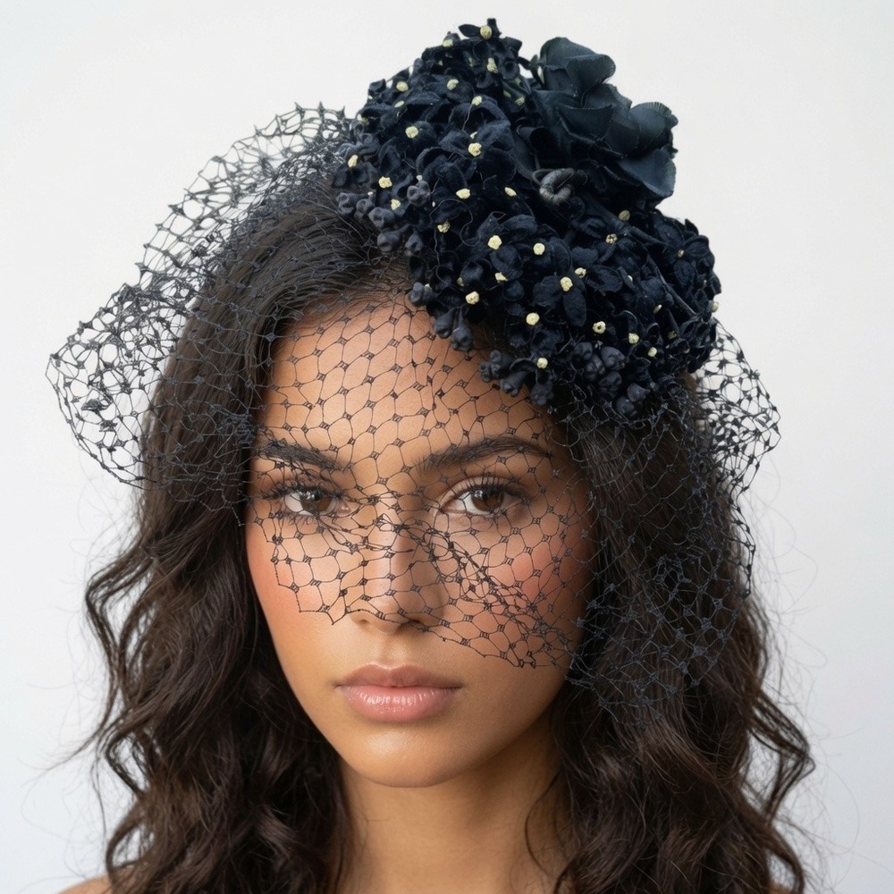 Vintage Miss Sally Victor Black Floral Fascinator‎ Birdcage Veil Velvet Hat
